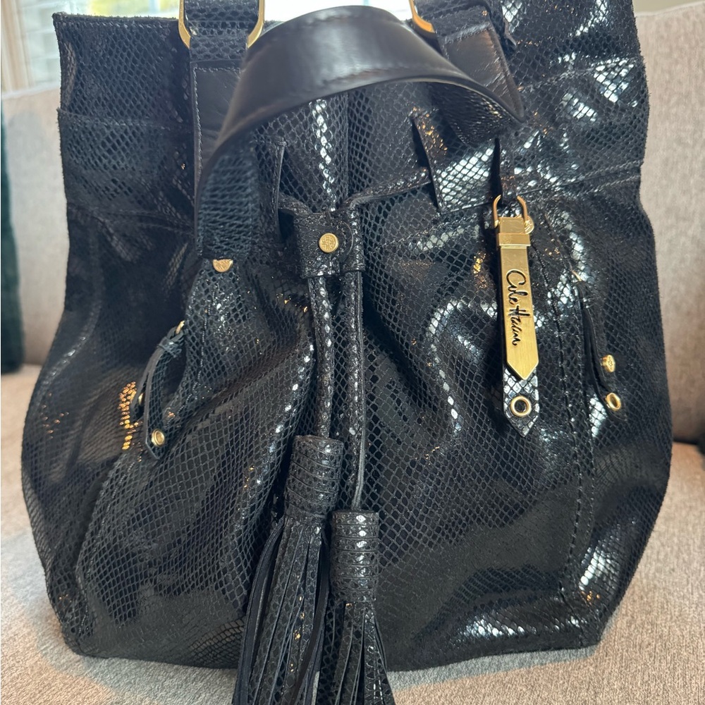 NWT Cole Haan Black Textured Tote with Tassel